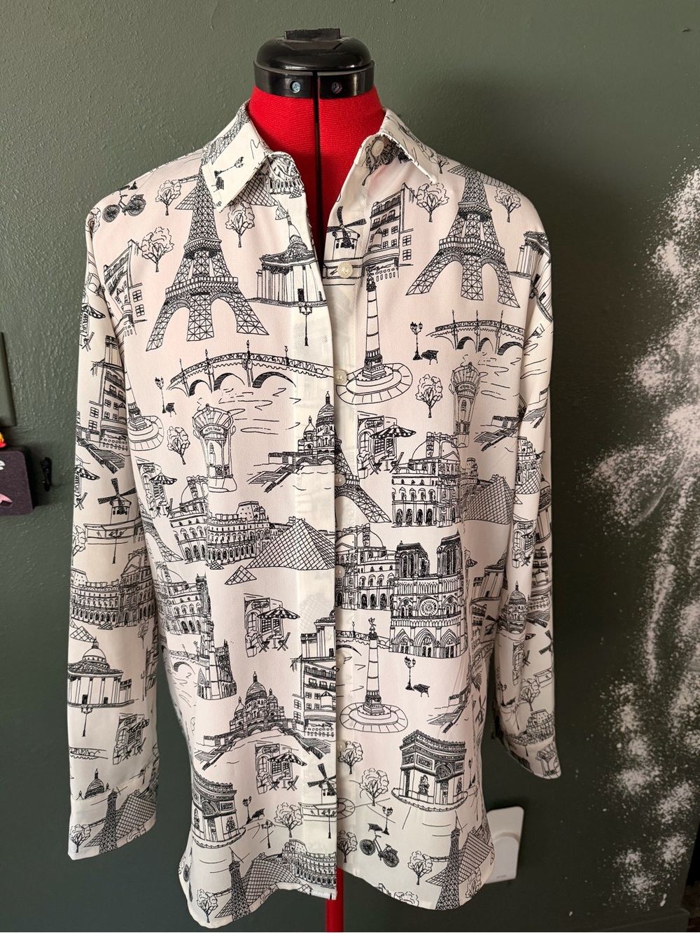 Karl Lagerfeld White Button-Front Shirt with Black Landmark Sketch Print